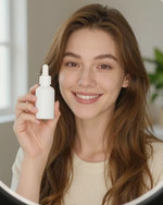 A creator smiles at the camera, holding a small white serum bottle up beside her face