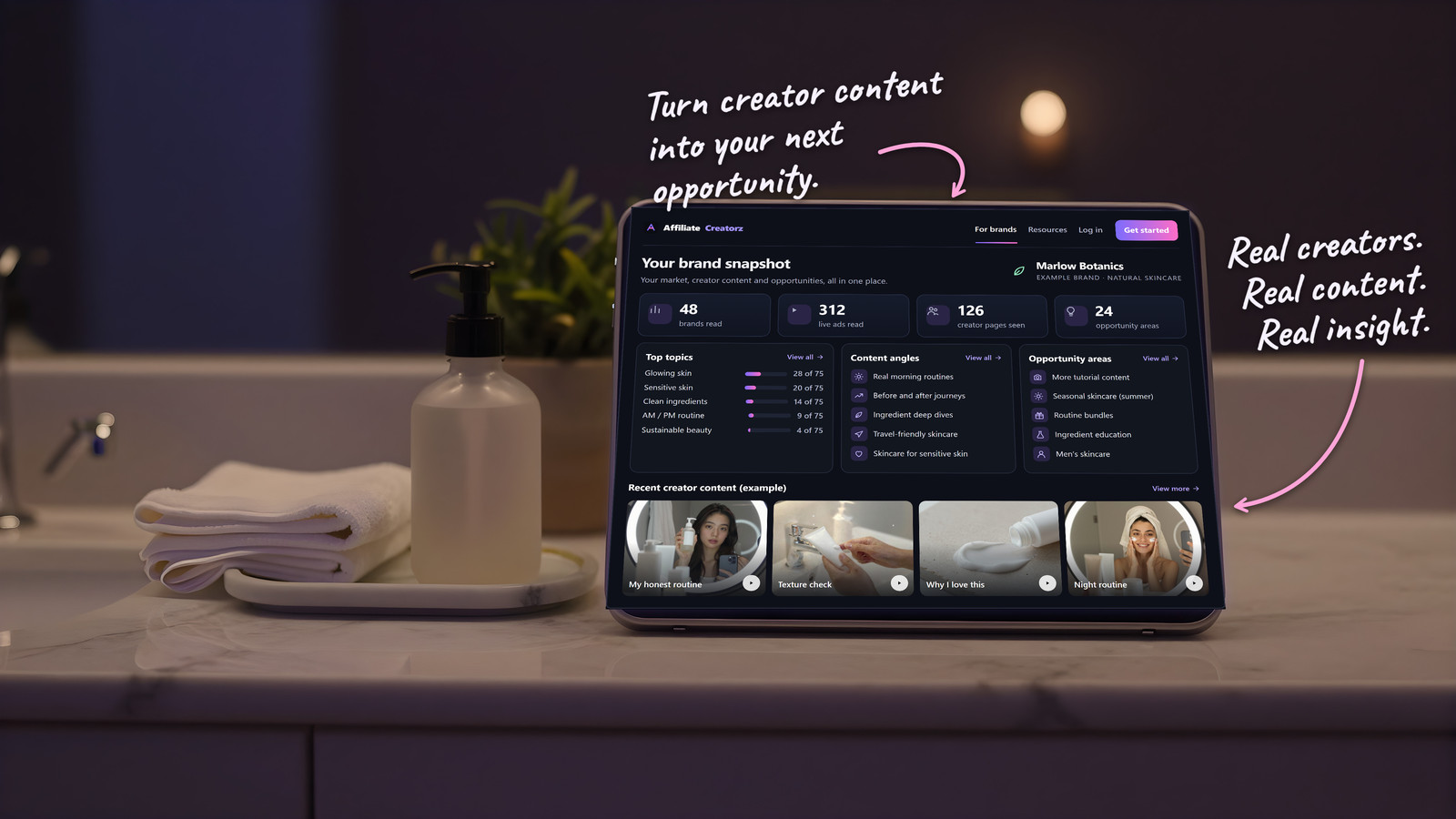 A skincare brand's vanity at night: a tablet on the counter showing the brand snapshot dashboard, a frosted pump bottle and folded towels beside it.