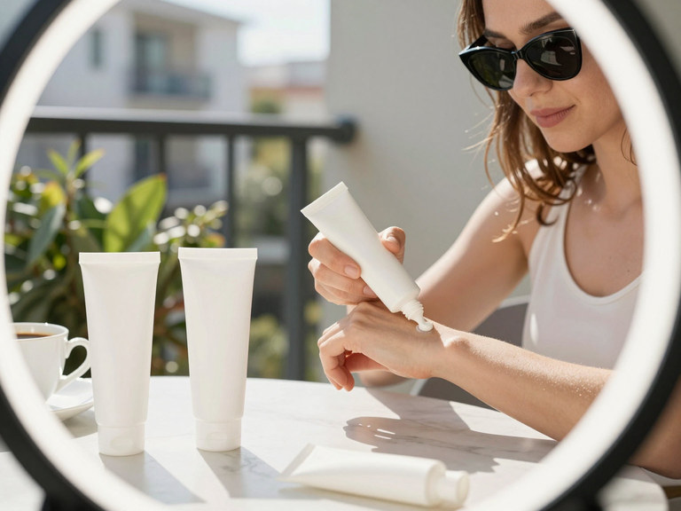 A creator in sunglasses on a sunny balcony squeezing sunscreen from an unlabelled tube onto her arm.
