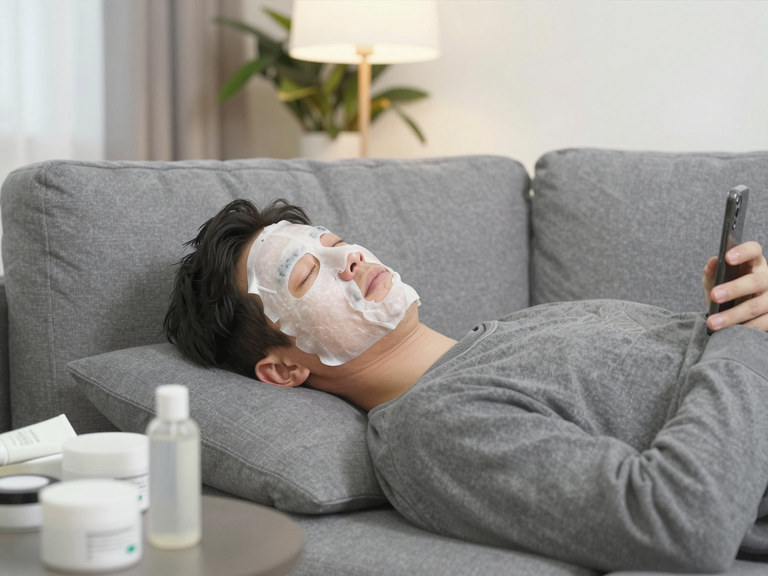 A creator lying on a sofa with a sheet mask on, looking at his phone.