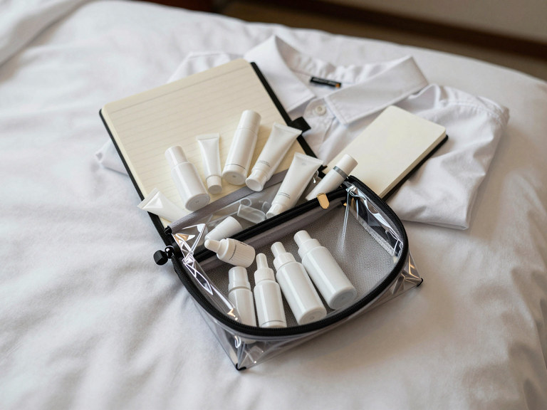 A clear travel pouch of unlabelled miniature bottles open on a hotel bed.