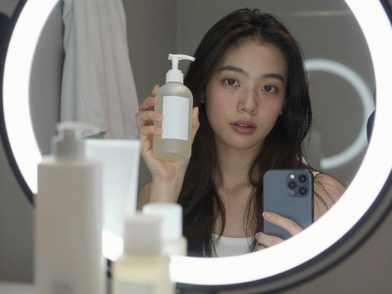 A creator holding up an unlabelled pump bottle under a ring light.
