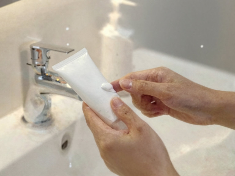 Hands pressing cream from an unlabelled tube over a sink.