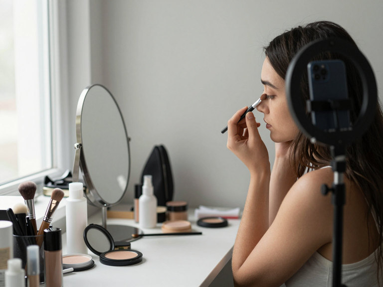 A creator at a window desk doing her eye makeup towards a phone on a ring light.