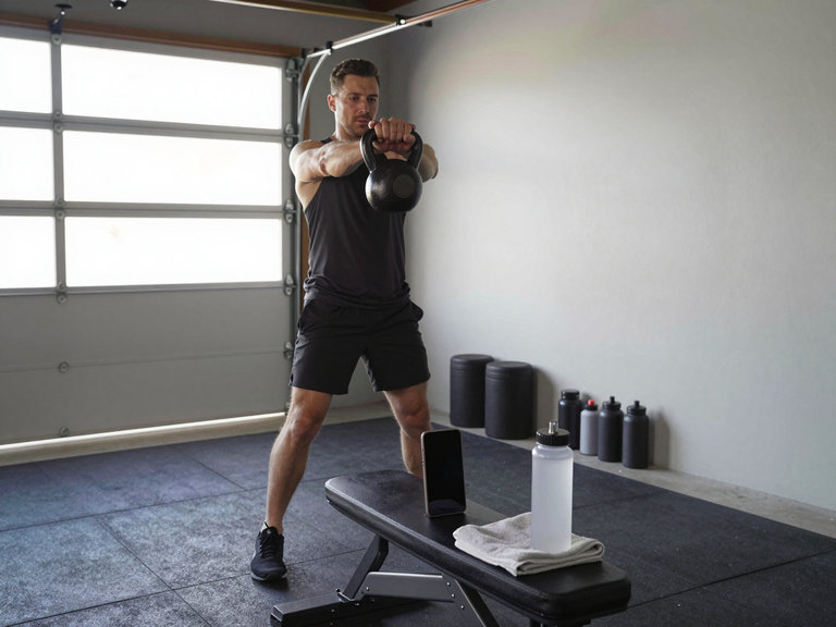 A man mid kettlebell swing in a garage gym, a phone propped on the bench filming.