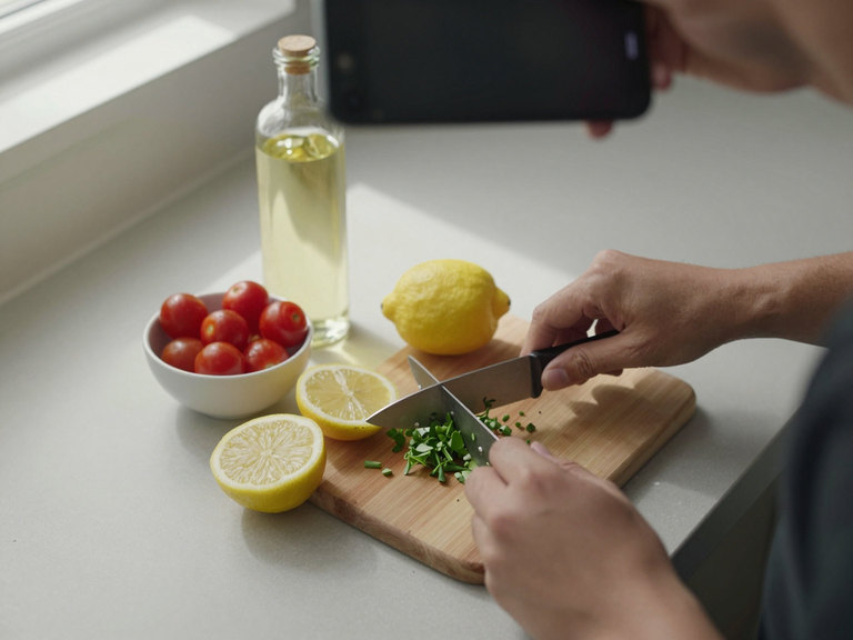 Overhead: two hands chopping herbs on a wooden board beside a cut lemon and cherry tomatoes.