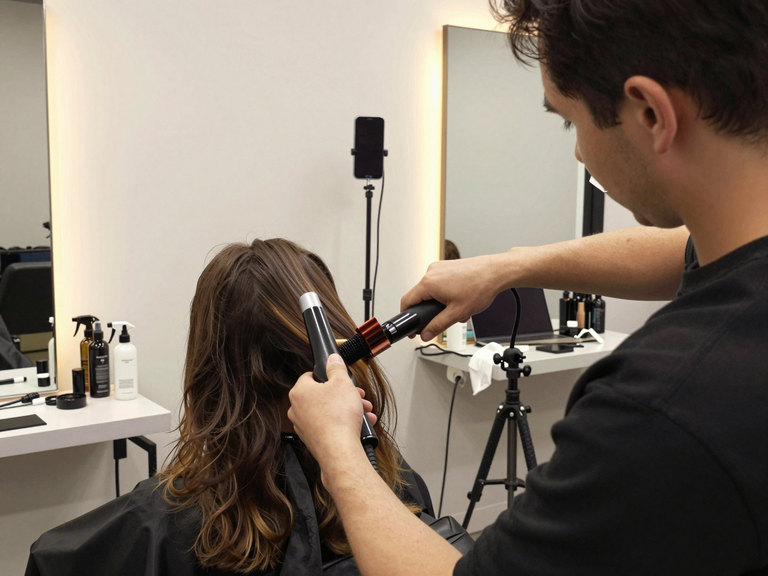 A stylist curling a client's long hair while a phone on a tripod films from across the salon.