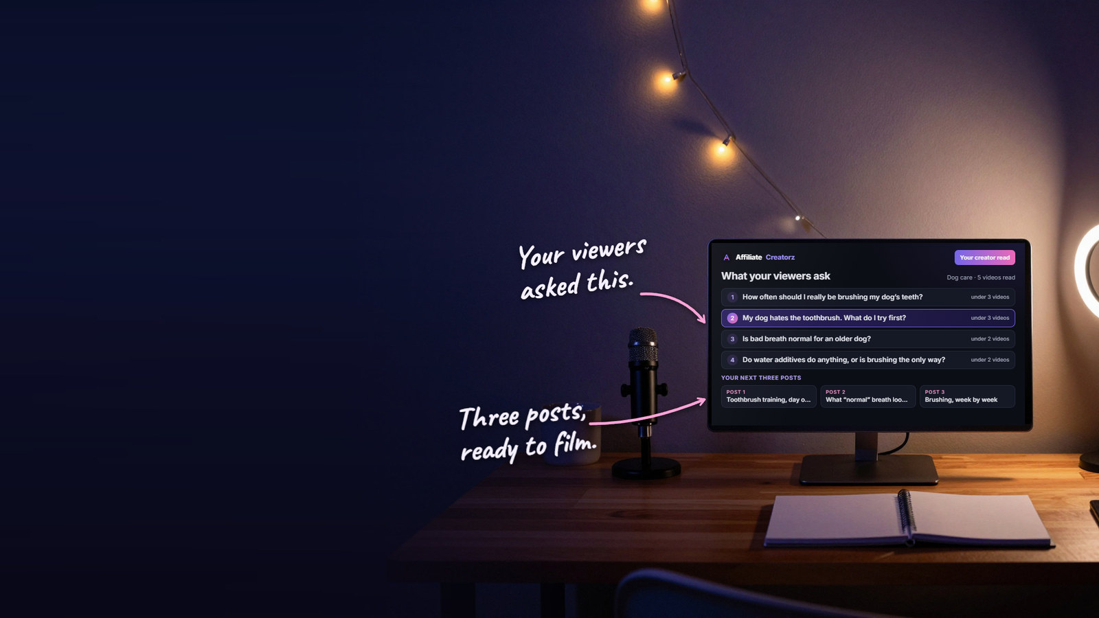 A creator's desk at night: a monitor showing the free creator read, a small microphone, a mug and fairy lights on the wall.