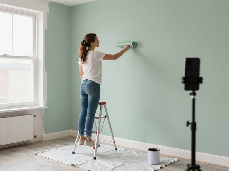 A woman on a step ladder rolling sage green paint onto a living room wall, a phone on a tripod in the corner.