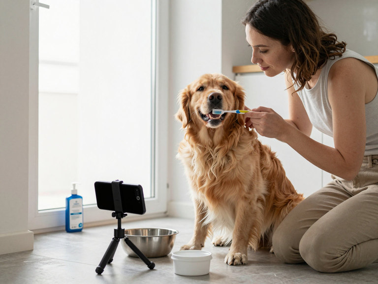 A woman on a kitchen floor brushing a golden retriever's teeth while a phone on a small tripod records.