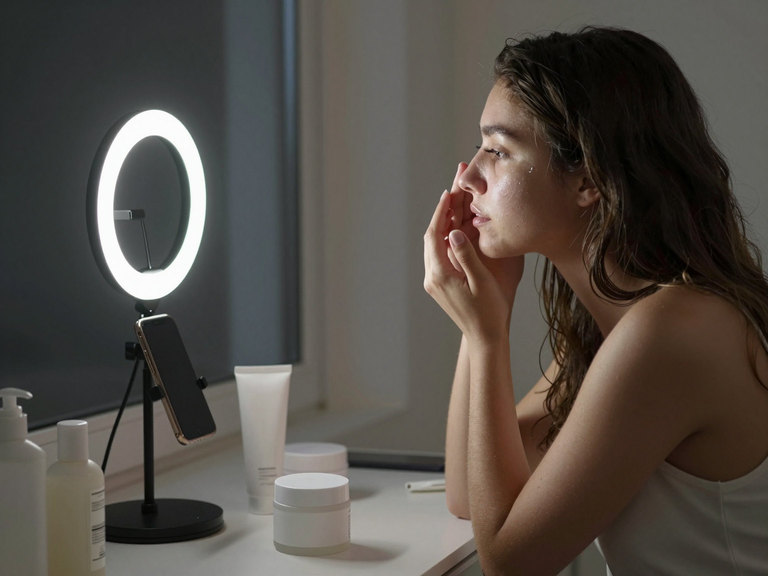 A woman at her vanity at night with a ring light, filming her skincare routine on a phone.