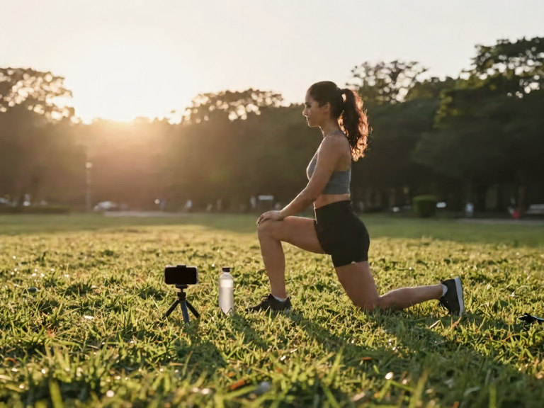 A woman holding a lunge on grass in a park at sunrise, a phone on a low tripod in front of her.