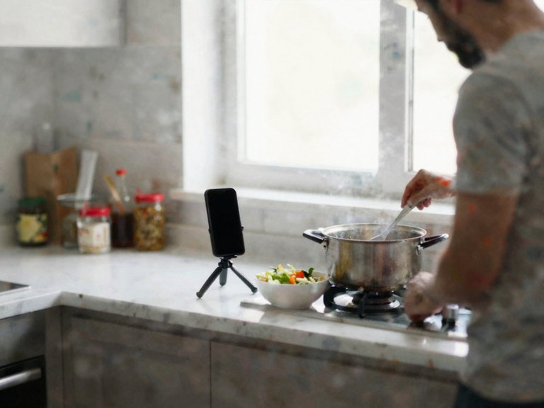 A man stirring a pot at a kitchen stove at lunchtime, a phone on a mini tripod on the counter.