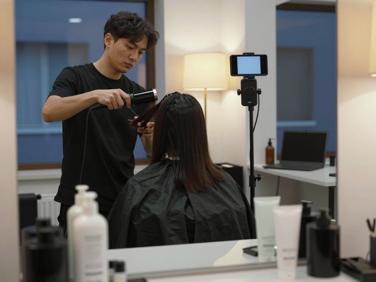 A stylist blow-drying a client's hair in a salon at dusk while a phone on a tall stand films.