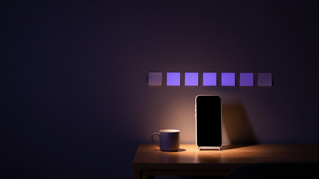 A dark wall at night with seven small square notes in a row, the last one glowing, above a phone on a stand beside a mug.