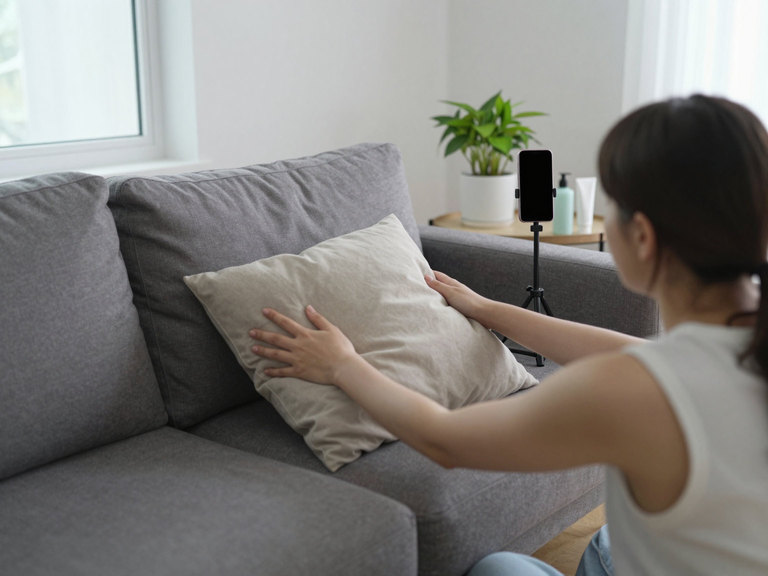 A woman arranging cushions on a grey sofa on a Sunday, a phone on a floor tripod filming.