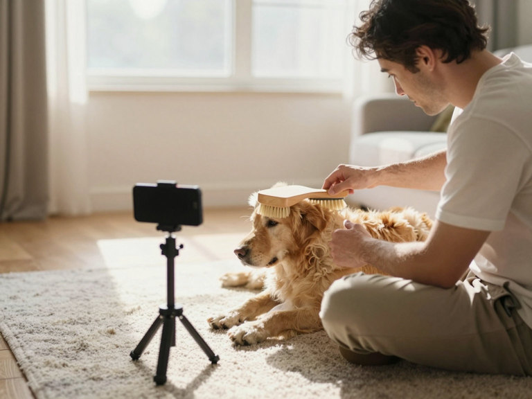 A man brushing a golden retriever on a rug on a sunny morning, a phone on a small tripod recording.