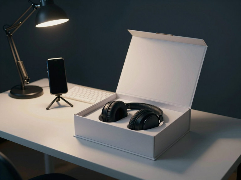 A lamp-lit desk mid unboxing: plain black headphones in a blank box, a phone on a tripod facing them.