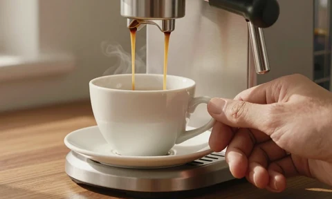 Illustrative espresso pour into a ceramic cup.