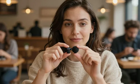 Illustrative creator holding a small clip-on microphone in a cafe.