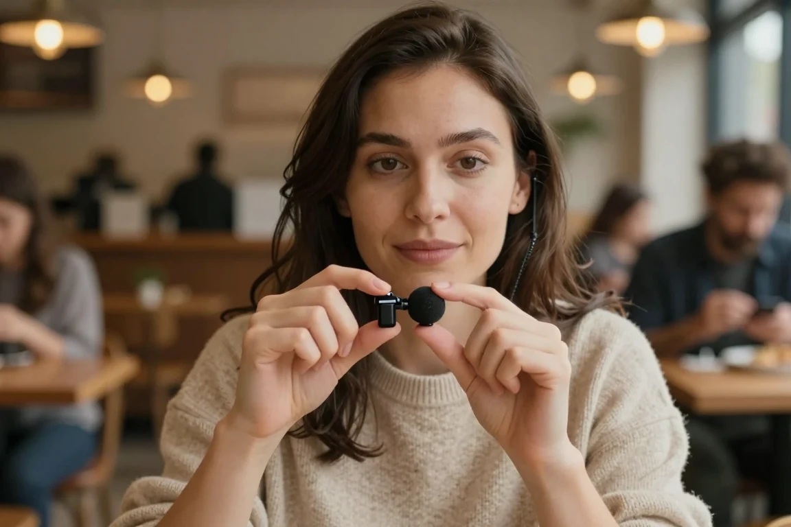 Illustrative creator holding a small clip-on microphone in a cafe.