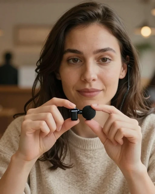 Illustrative creator holding a small clip-on microphone in a cafe.