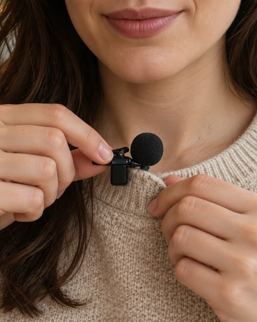 Illustrative close-up of attaching the microphone to a sweater.
