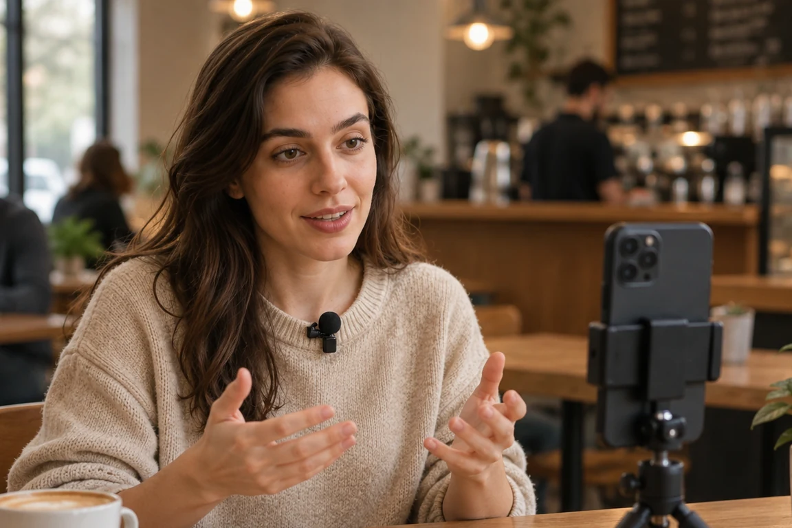 Illustrative filming setup for a microphone test at a cafe table.