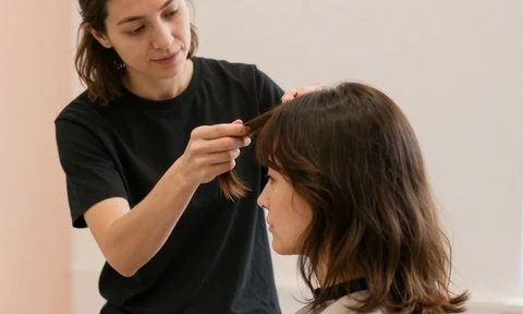 Illustrative stylist and client discussing a hair-sectioning lesson.