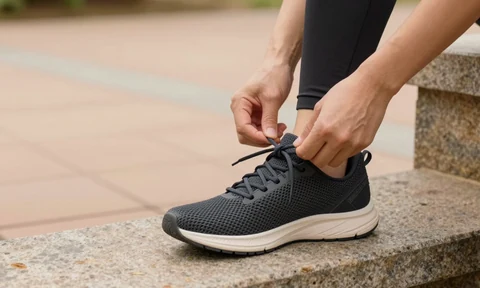 Illustrative close-up of tying a charcoal shoe before a walk.